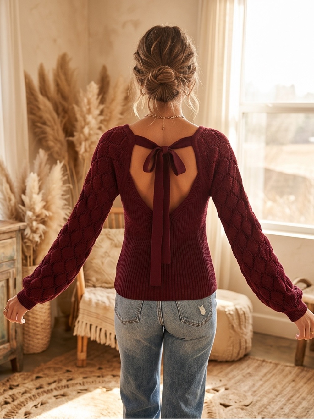 Lulus Burgundy Tie Back Knit Sweater | Boho Balloon Sleeve Cottagecore Top | Med - Picture 4 of 8